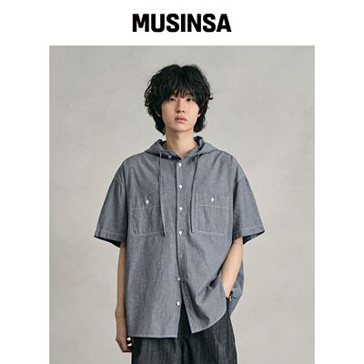 DECET 牛仔布连帽短袖衬衫 DCSH013 浅蓝色 MUSI韩国官网直邮进口