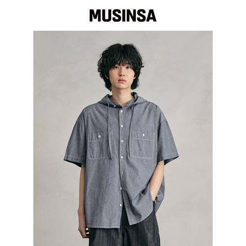 DECET 牛仔布连帽短袖衬衫 DCSH013 浅蓝色 MUSI韩国官网直邮进口