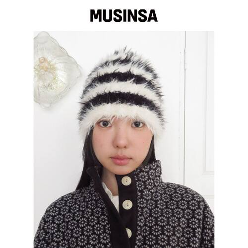 FUNFROMFUN 毛绒针织帽，黑色+象牙白 MUSINSA韩国官网直邮进口