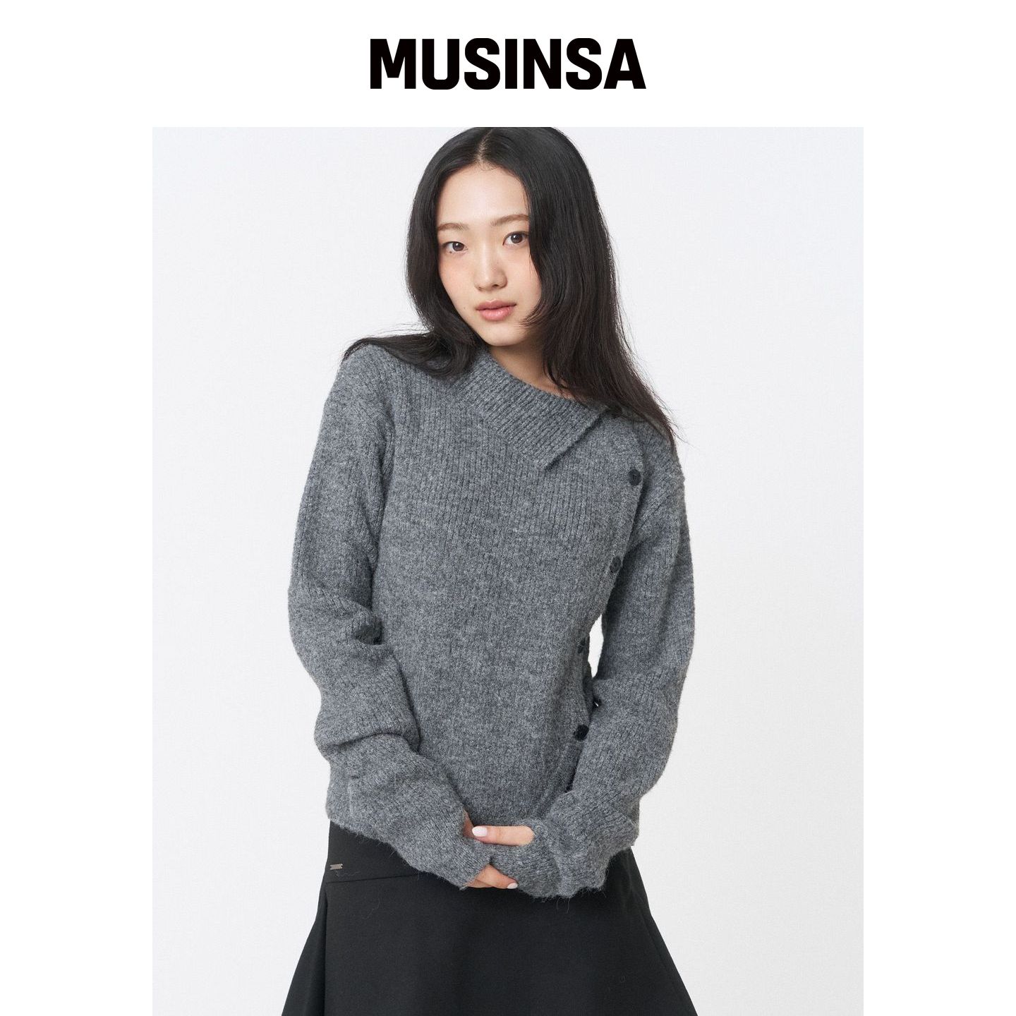 MISEKI SEOUL 灰色针织衫侧扣设计感毛衣MUSINSA韩国官网直邮进口