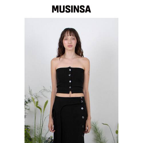 MEENDERI RIBBED SHELL BUTTON TOP - BLACK韩国官网直邮进口