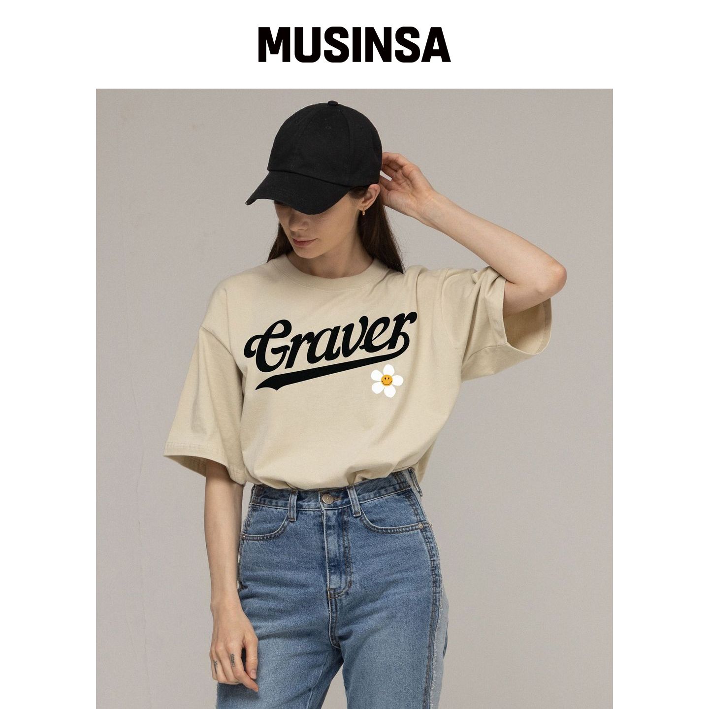 GRAVER [UNISEX]棒球logo花笑短袖T恤_沙色 MUSI韩国官网直邮进口
