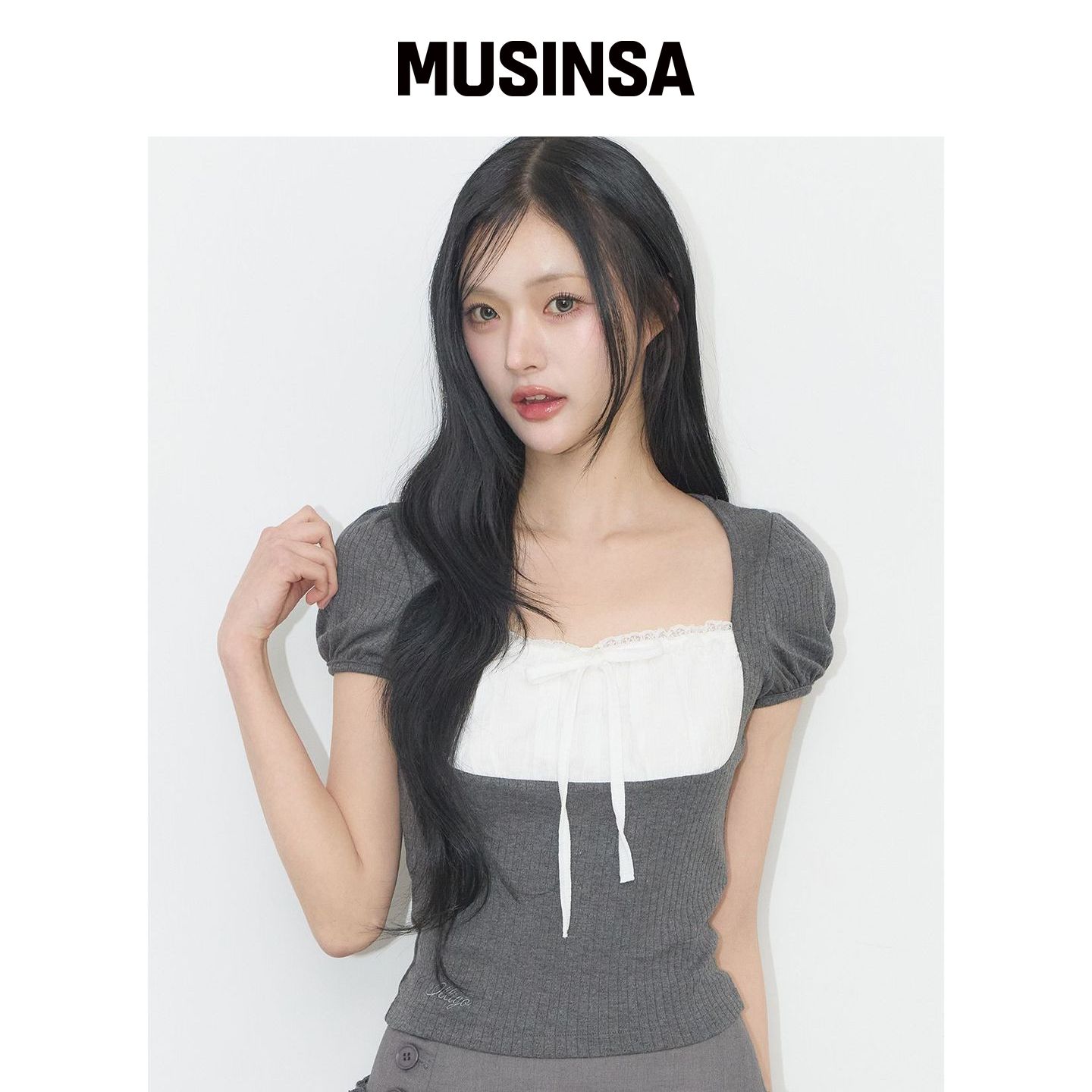 ILLIGO ROSIE 蕾丝方形包T恤炭灰色 MUSINSA韩国官网直邮进口图片