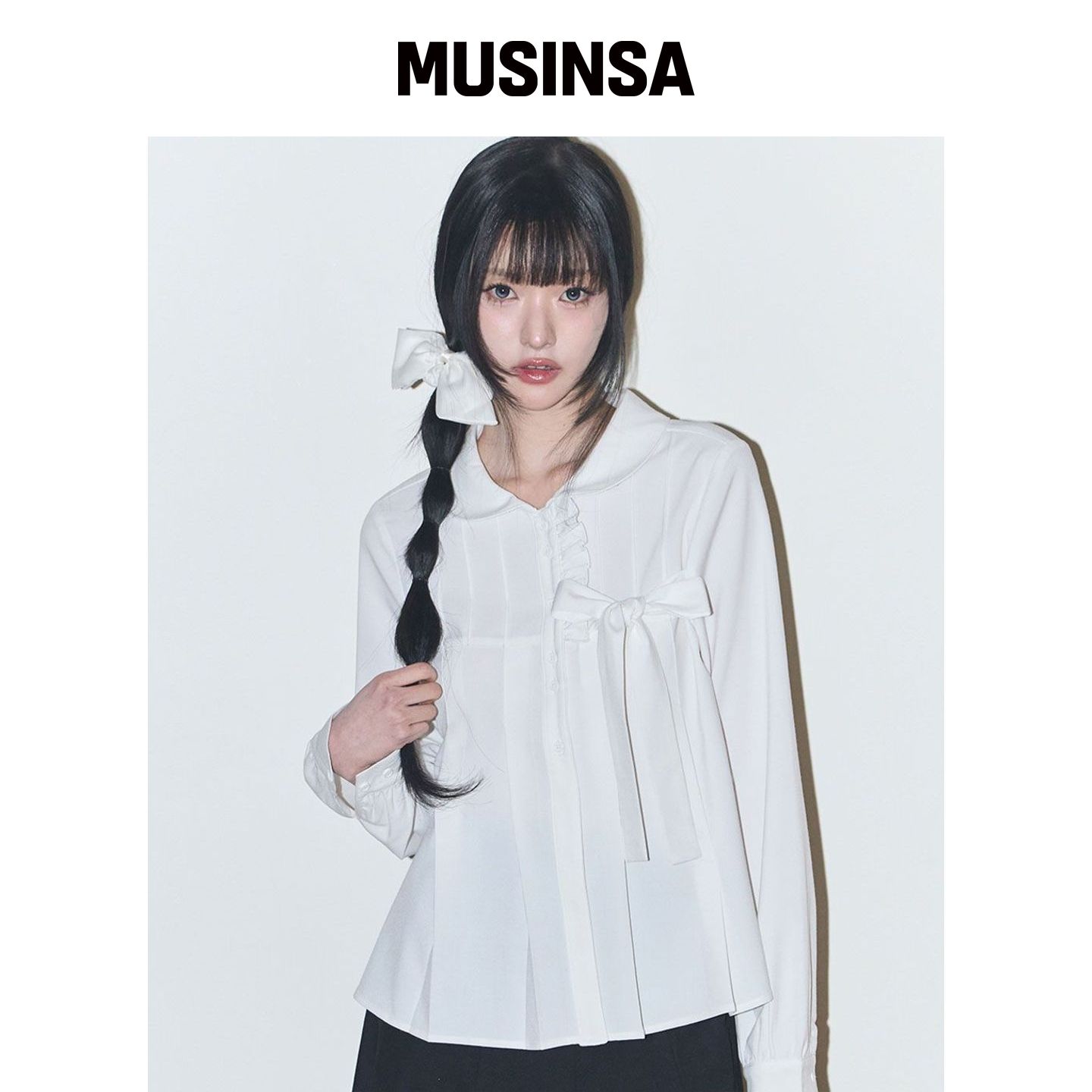 ILLIGO 蝴蝶结褶皱雪纺衫 白色 MUSINSA韩国官网直邮进口图片
