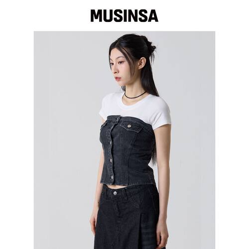 UNKNOWN PLANET 牛仔短款背心 沙滩黑 MUSINSA韩国直邮官方正品