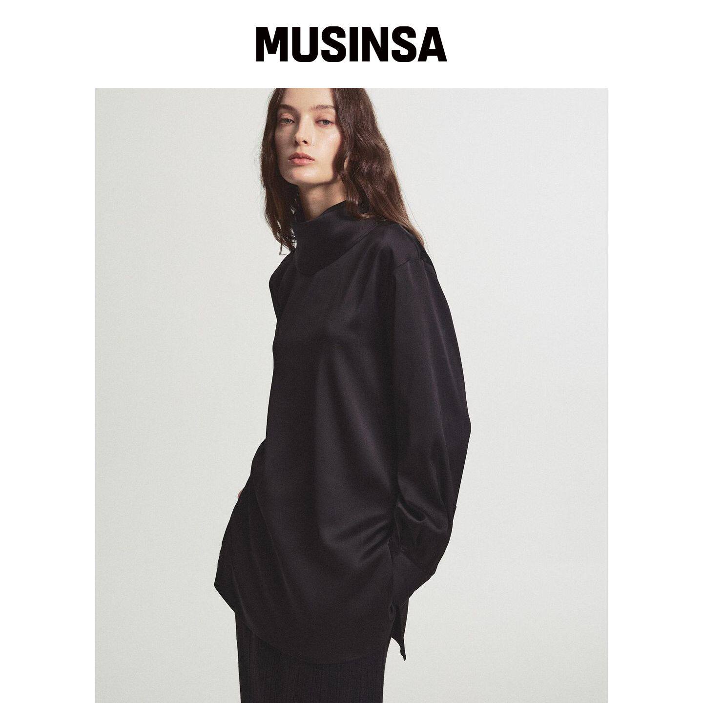 MIDNLOW 缎面丝巾领衬衫(黑色) MUSINSA韩国官网直邮进口