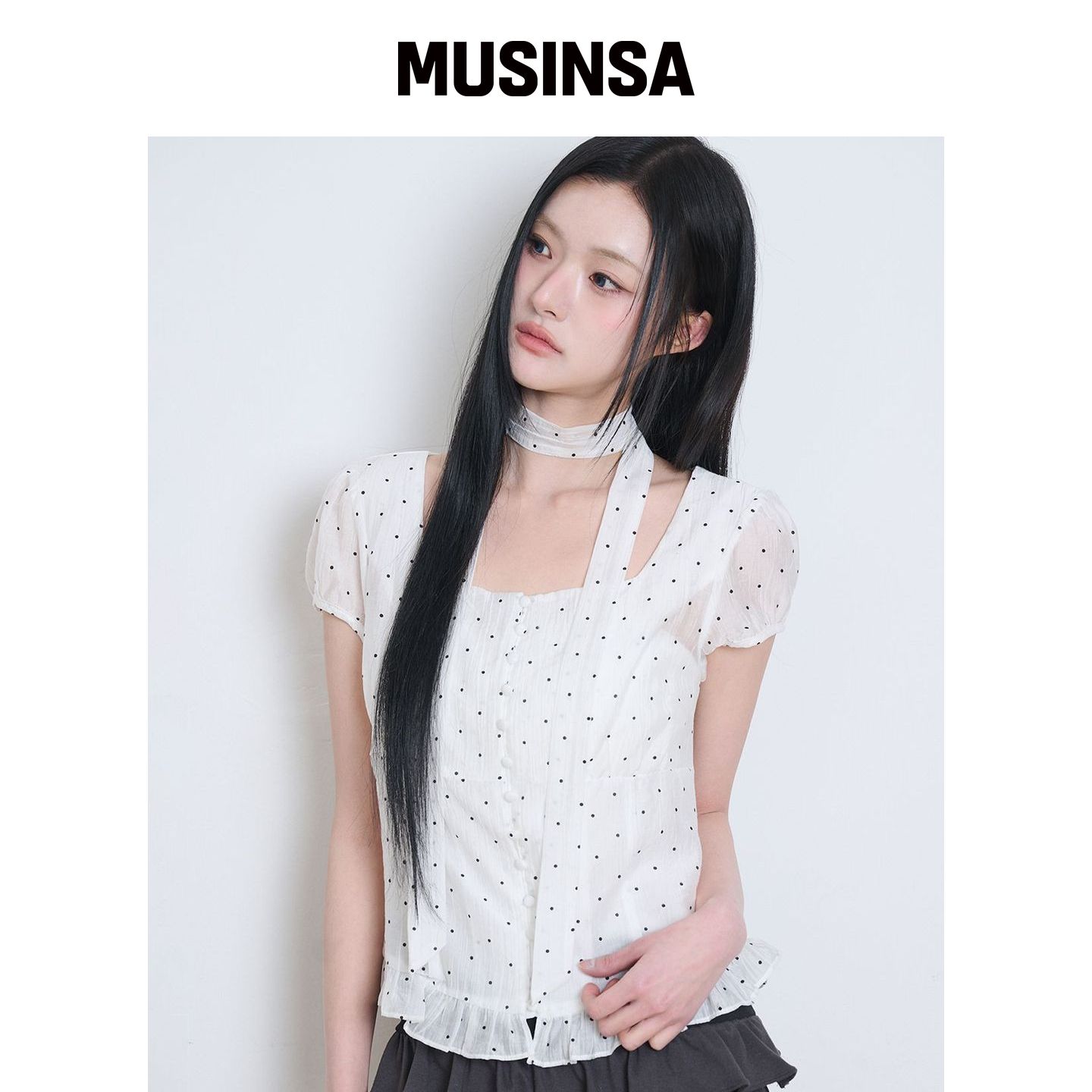 ILLIGO 蝴蝶结领方领衬衫 白色波点 MUSINSA韩国官网直邮进口图片