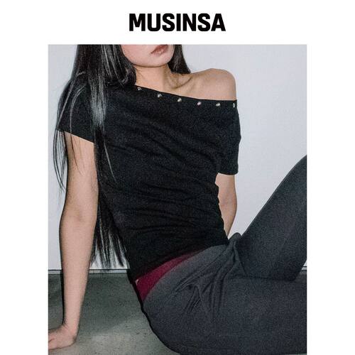 CHICKS 亚麻单肩修身短袖黑色 MUSINSA韩国直邮官方正品