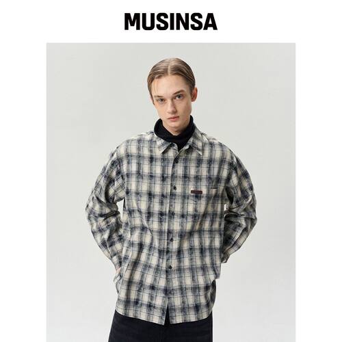 RERHEE MEN CHECKED COTTON SHIRT WASHED BLACK韩国官网直邮进口
