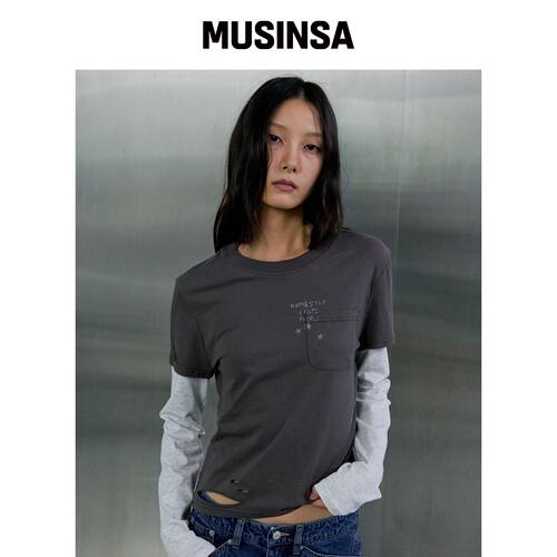 ORDES 做旧水洗叠层长袖-炭灰色 MUSINSA韩国官网直邮进口