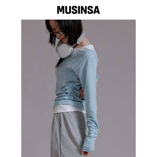 LIKE THE MOST 皱褶设计感假两件长袖T恤MUSINSA韩国官网直邮进口