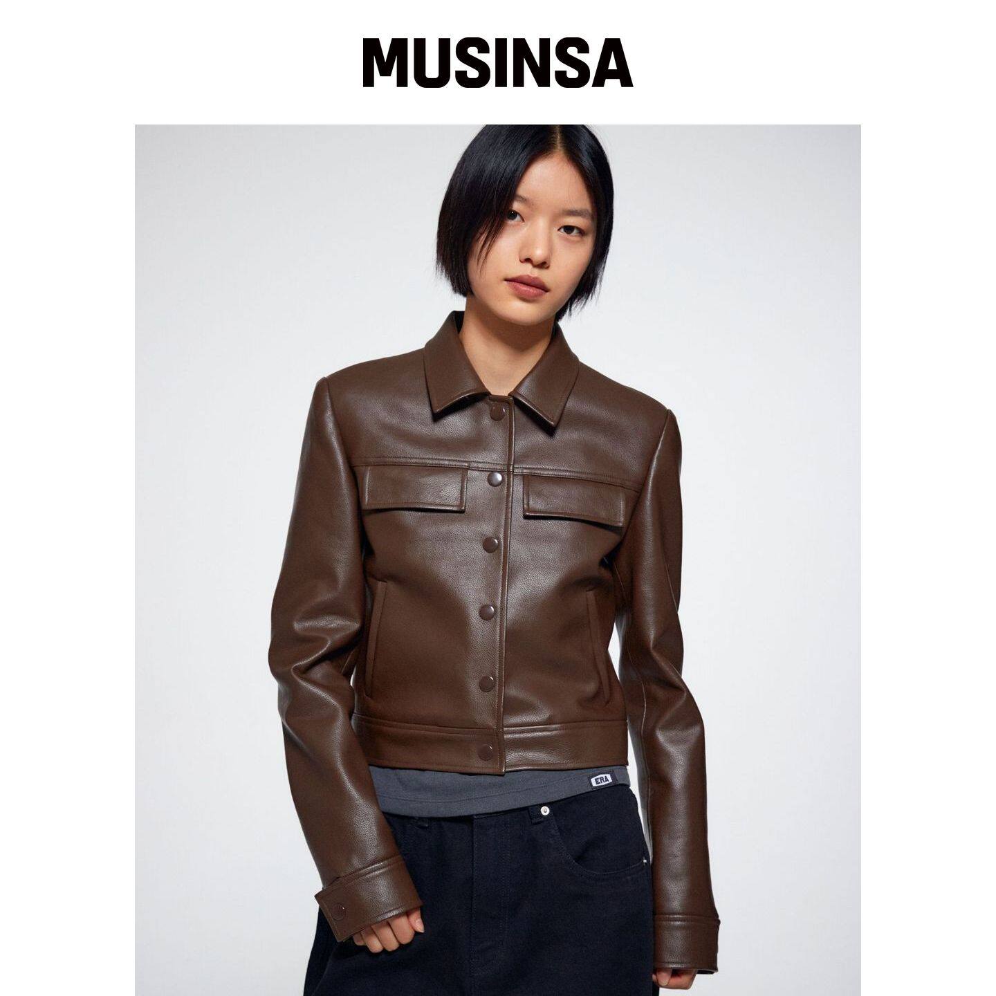 ERA 女款短款卡车司机仿皮夹克 - 棕色 MUSINSA韩国官网直邮进口