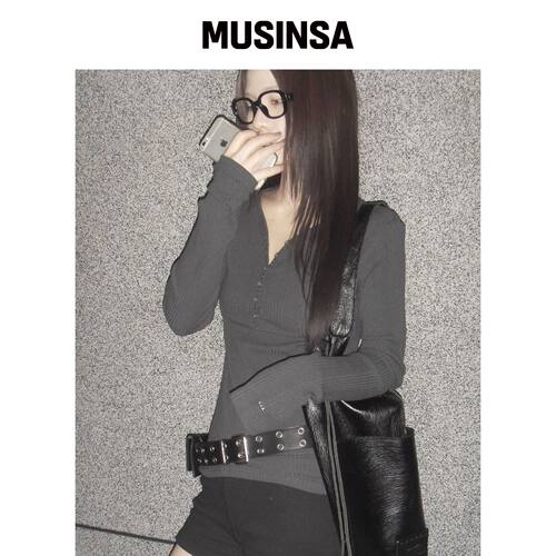 CHICKS 不规则针织修身扣长袖T恤 深灰色 MUSINS韩国官网直邮进口