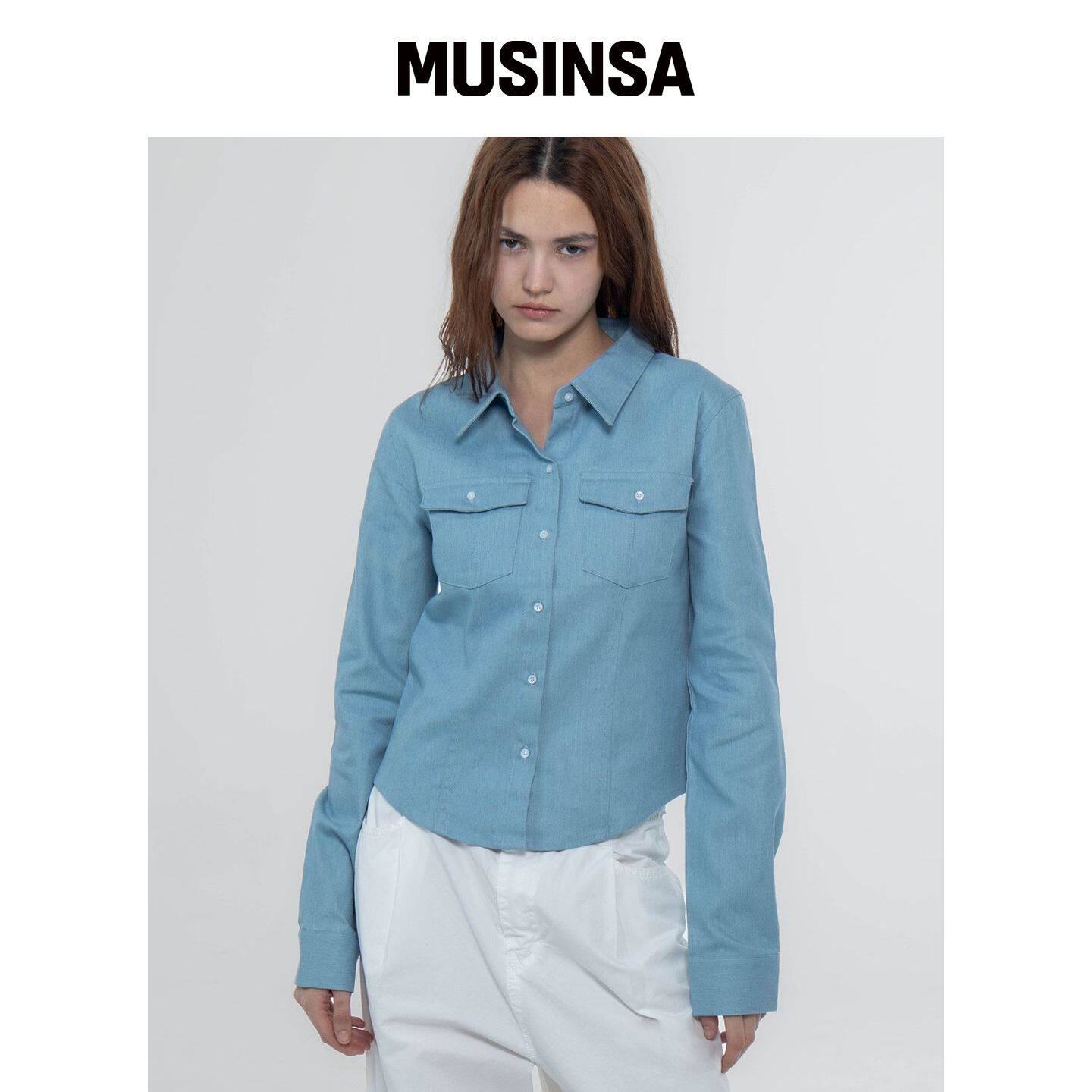 CHICKS 口袋牛仔修身衬衫浅蓝色 MUSINSA韩国直邮官方正品