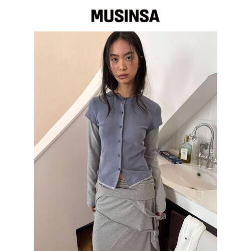 DIAGONAL 双袖破损开衫 (蓝色) MUSINSA韩国官网直邮进口