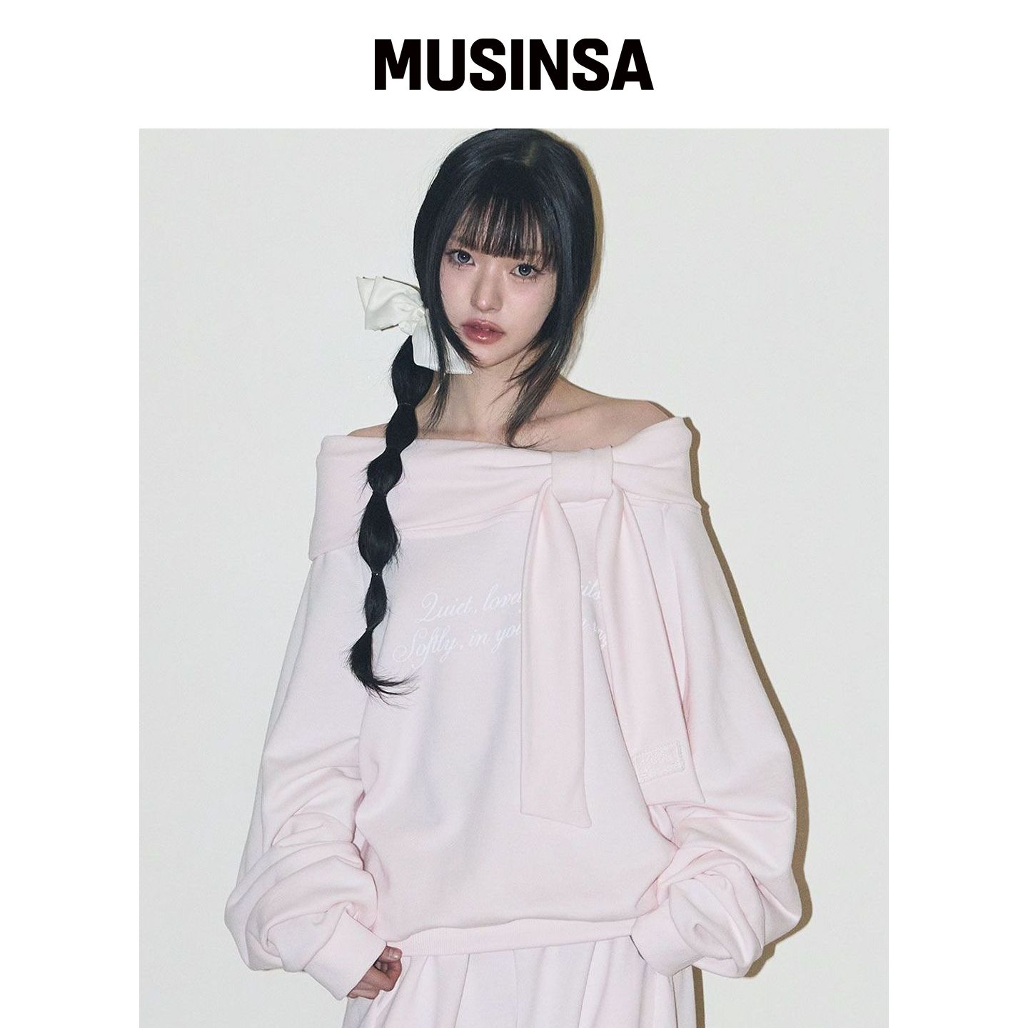 ILLIGO 纯色蝴蝶结露肩卫衣 粉色 MUSINSA韩国官网直邮进口图片