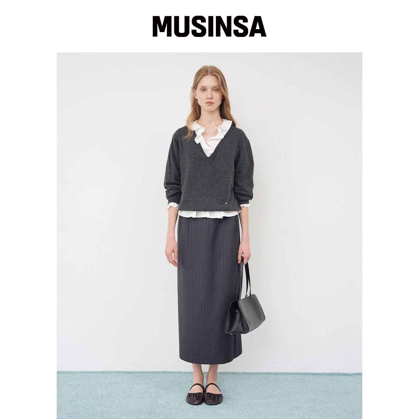 TTUDEMENT H-LINE MAXI SKIRT_海军条纹 MUSINSA韩国官网直邮进口