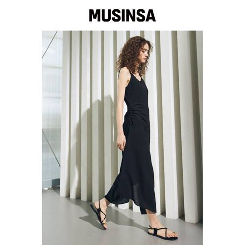 OUEL OBLIQUE LINE CHIFFON SLIP DRESS_黑色韩国官网直邮进口