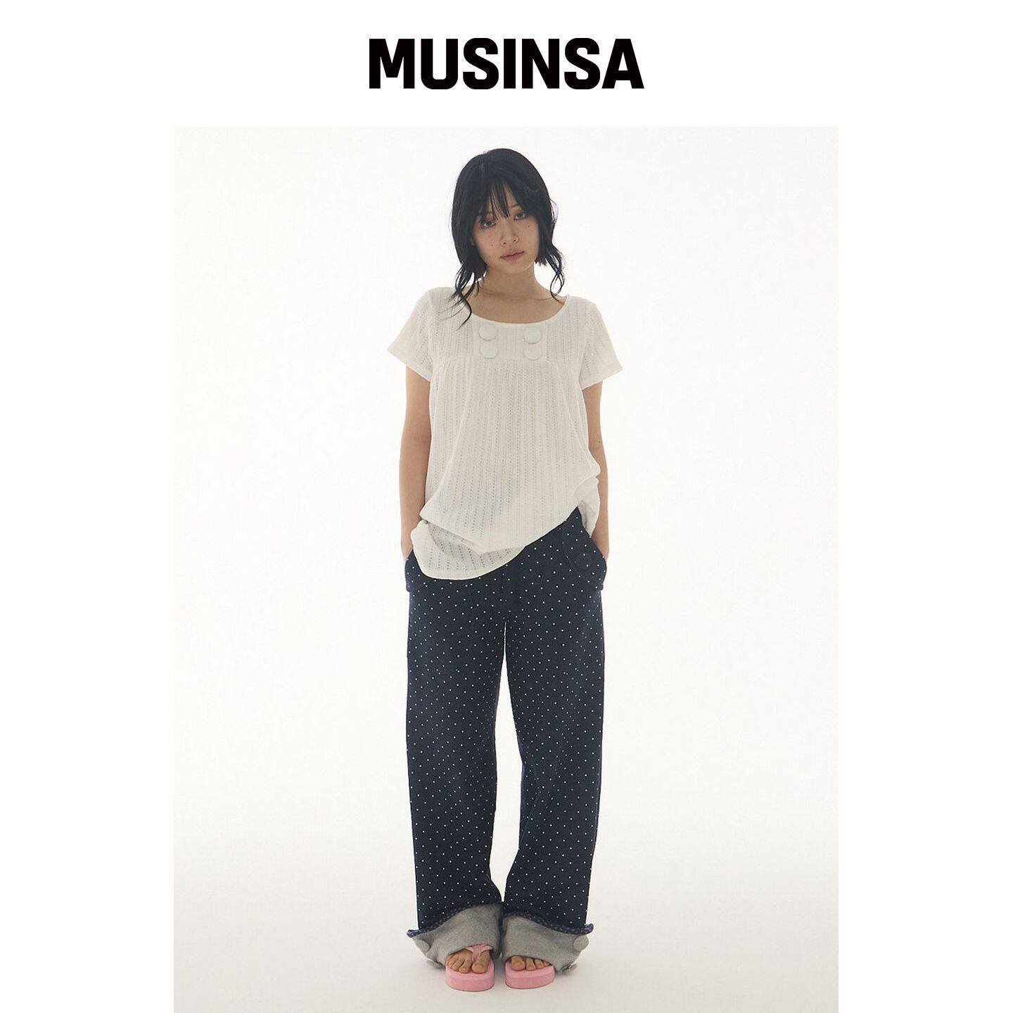 EXPIRED GIRL 波点卷边扣裤 深蓝色 MUSINSA韩国官网直邮进口