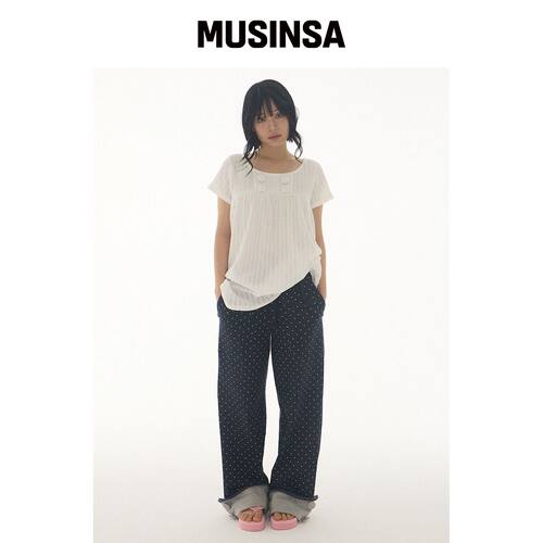 EXPIRED GIRL 波点卷边扣裤 深蓝色 MUSINSA韩国官网直邮进口