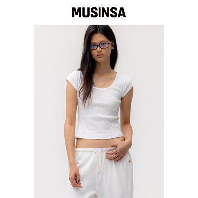 GLOWNY 深圆领短袖上衣白色露腰短款T恤MUSINSA韩国官网直邮进口