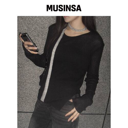 CHICKS 修身版型开衩长袖针织衫 黑色 MUSINSA韩国直邮官方正品