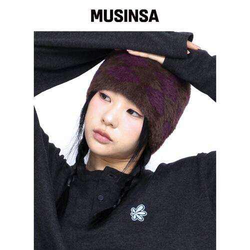 GLACK GC076 钻石格纹毛绒针织帽 (棕色) MUSINS韩国官网直邮进口
