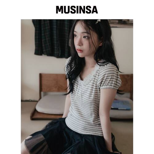 HIGH SCHOOL DISCO 蕾丝条纹短袖_梅兰芝灰 MUSI韩国官网直邮进口