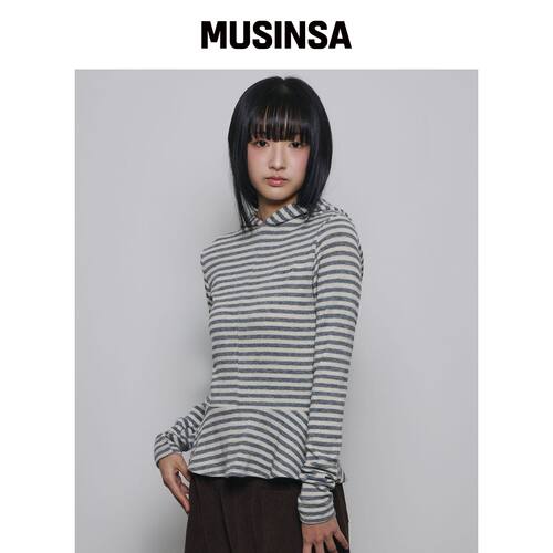SLEEKGLOW 灰条纹喇叭褶连帽针织T恤 MUSINSA韩国官网直邮进口