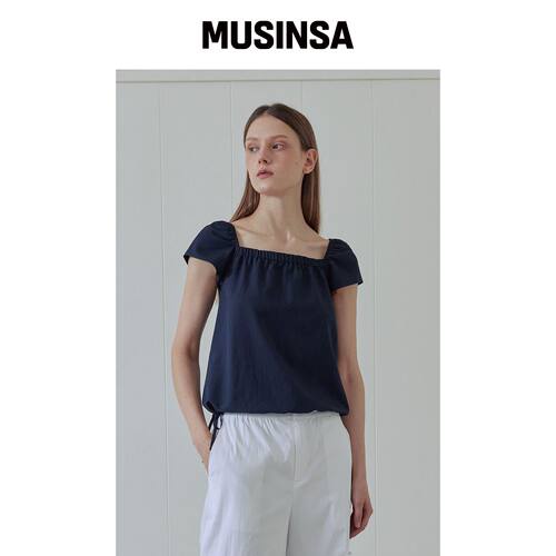 AFTERHOURS RIBBON SHIRRING BLOUSE (NAVY) MUS韩国官网直邮进口