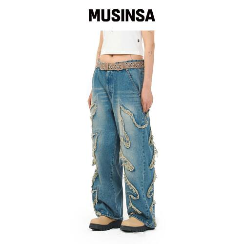 HOUSE ROCK CLUB FLAME STAGE PANTS - 水洗蓝韩国官网直邮进口