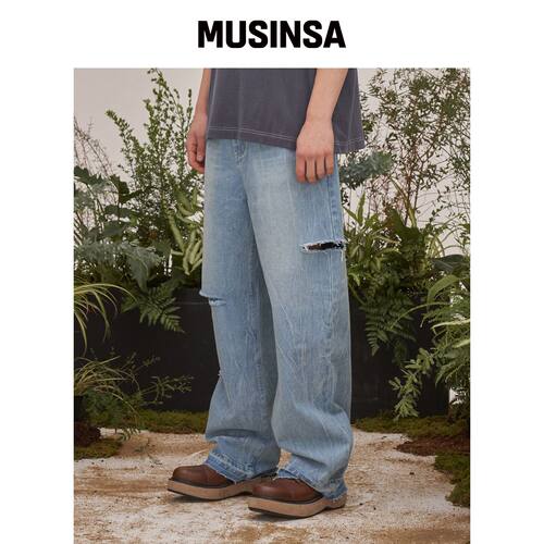 WMC 切割皱褶牛仔裤_LIGHT BLUE MUSINSA韩国官网直邮进口