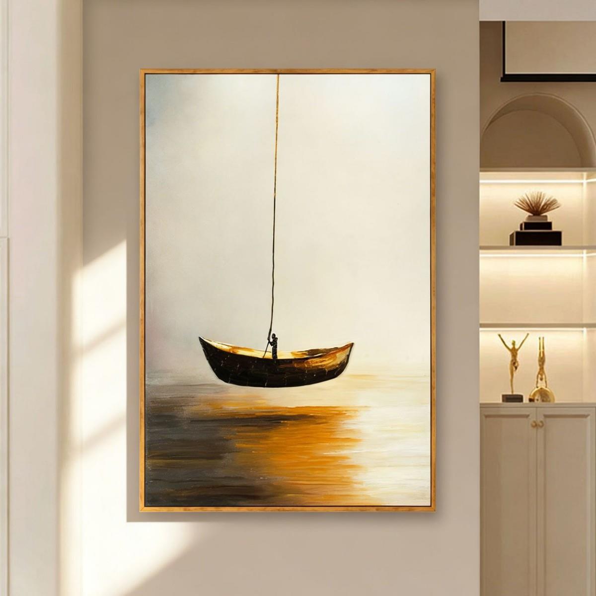 手绘油画《独舟》高档肌理玄关装饰画轻奢风客厅挂画酒店商用壁画