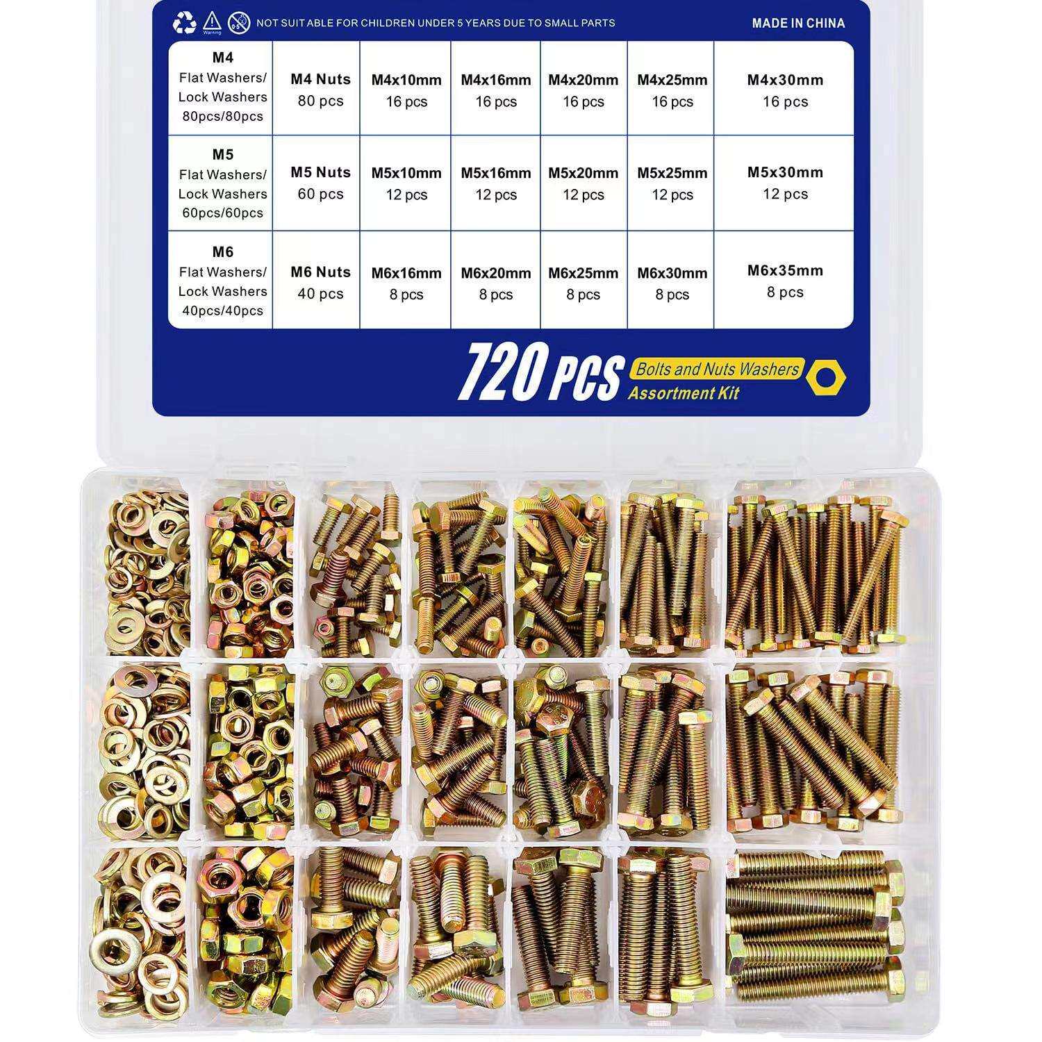跨境盒装720pcs-1000-1600pcs彩锌外六角螺栓组合六角头螺栓套装