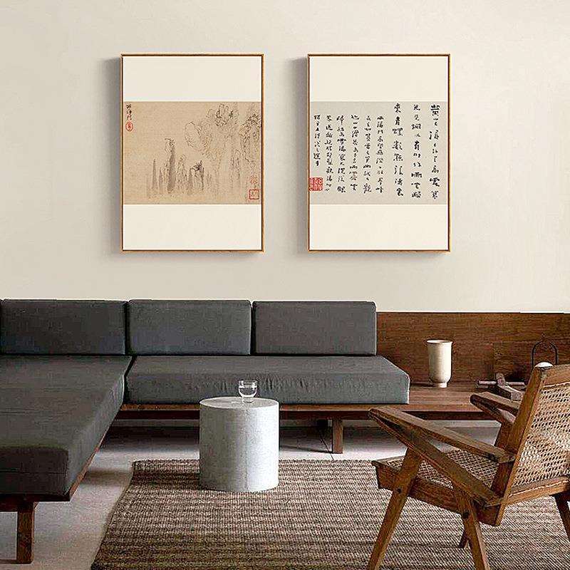黄山游记新中式客厅装饰画山水风景国画卧室书房壁画双联书法字画