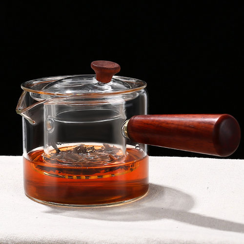 耐热玻璃手作侧把分茶器茶具组 附茶水分离壶与茶杯组合