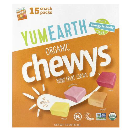YumEarth,Organic Chewys™，水果咀嚼片，15 包，每包 0.5 盎司（