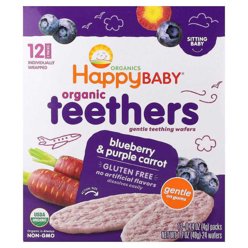 禧贝,Happy Baby®，有机牙胶，温和磨牙华夫饼，蓝莓和紫胡萝卜，