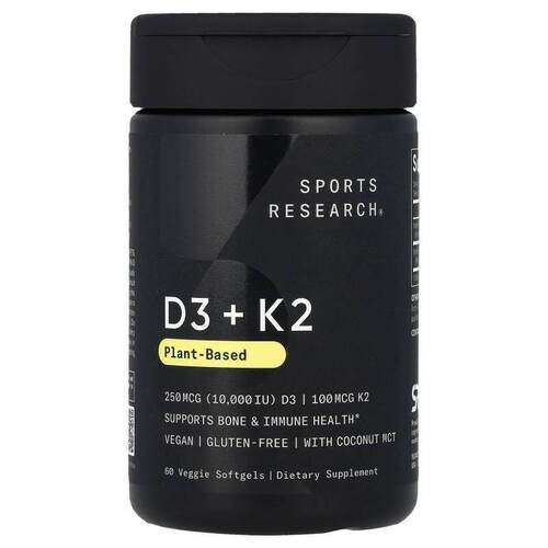 Sports Research,D3 + K2，植物基，250 微克/100 微克，60 粒素