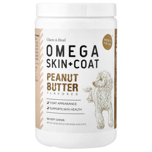 Chew + Heal,Omega 皮毛支持，猫狗专用，花生酱味，180 片软咀嚼