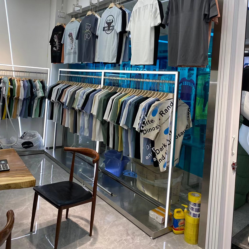 服装店展示架落地式不锈钢高档网红带灯中岛侧挂女装店货架陈列架