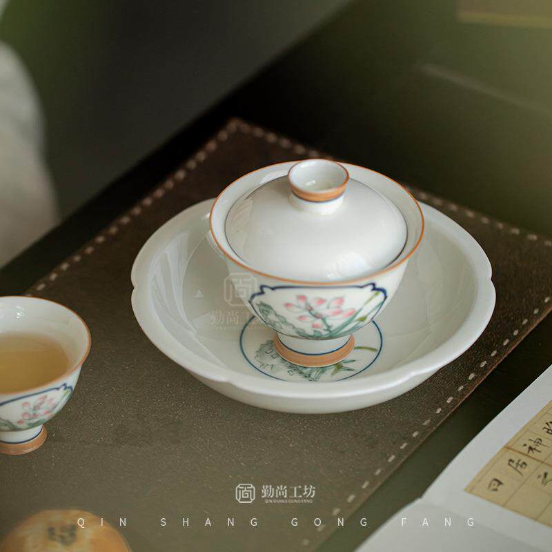 手绘兰花壶承陶瓷茶具配件盖碗底托干泡盘茶承家用茶点盘水果盘