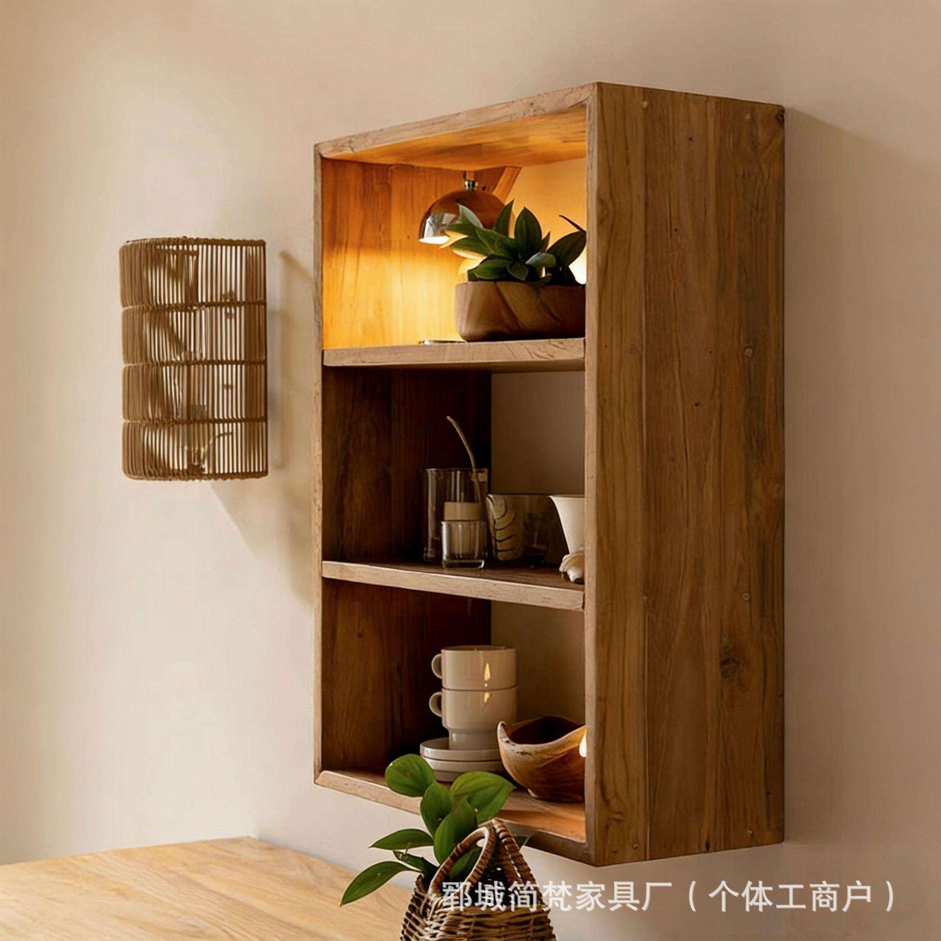 新中式家居实木格子柜壁挂式墙上吊柜置物架老榆木书架壁柜展示架