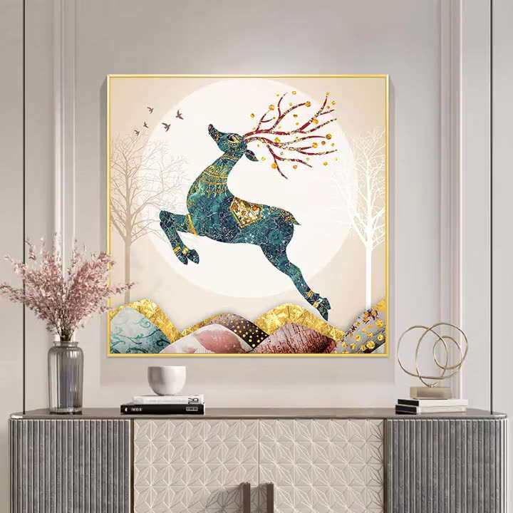 现代轻奢鹿玄幻餐桌饭厅客厅装饰画正方形挂画餐厅玄关画INS风