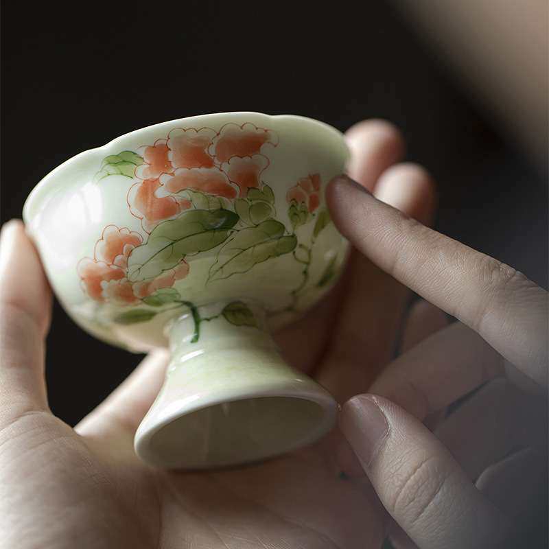 明知山志 果青牡丹知心棠梨高足杯 仿宋高足茶杯手绘牡丹花品茗杯