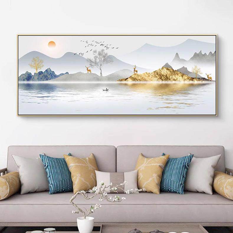 新中式客厅装饰画山水画水墨风景壁画横版整幅大尺寸茶室背景挂画