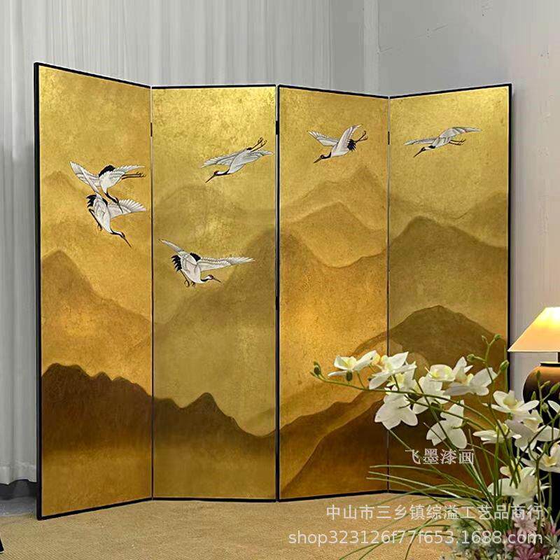 新中式手绘山水仙鹤碎金手绘漆画办公室背景折叠隔断金箔屏风