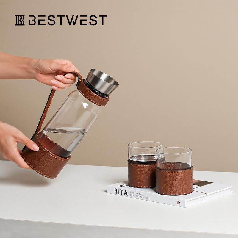 Best west 现代轻奢皮质透明玻璃冷水壶 便携式露营酒壶水壶器皿