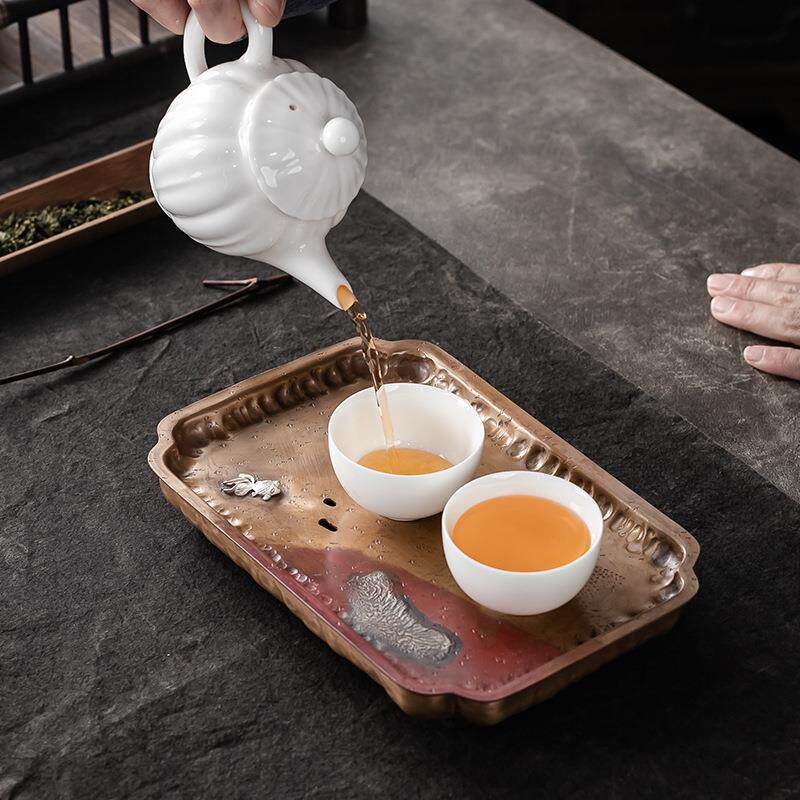 大岸堂金鱼鎏银紫铜壶承手工干泡台长方形蓄水托盘茶台茶道配件