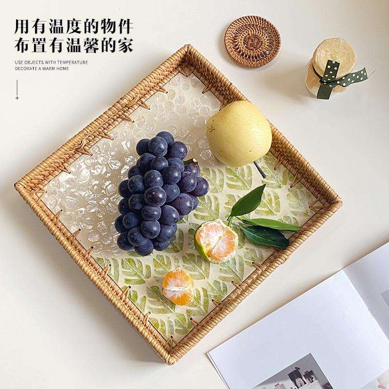 藤编贝壳彩色收纳正方形家用客厅轻奢野餐果篮糖果餐厅高级托盘